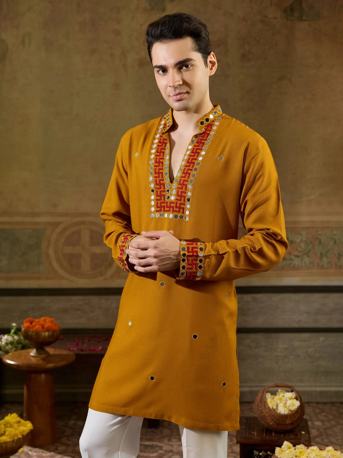 Bewitching Mustard Yellow Sequins Work Rayon Navratri Wear Men’s Kurta