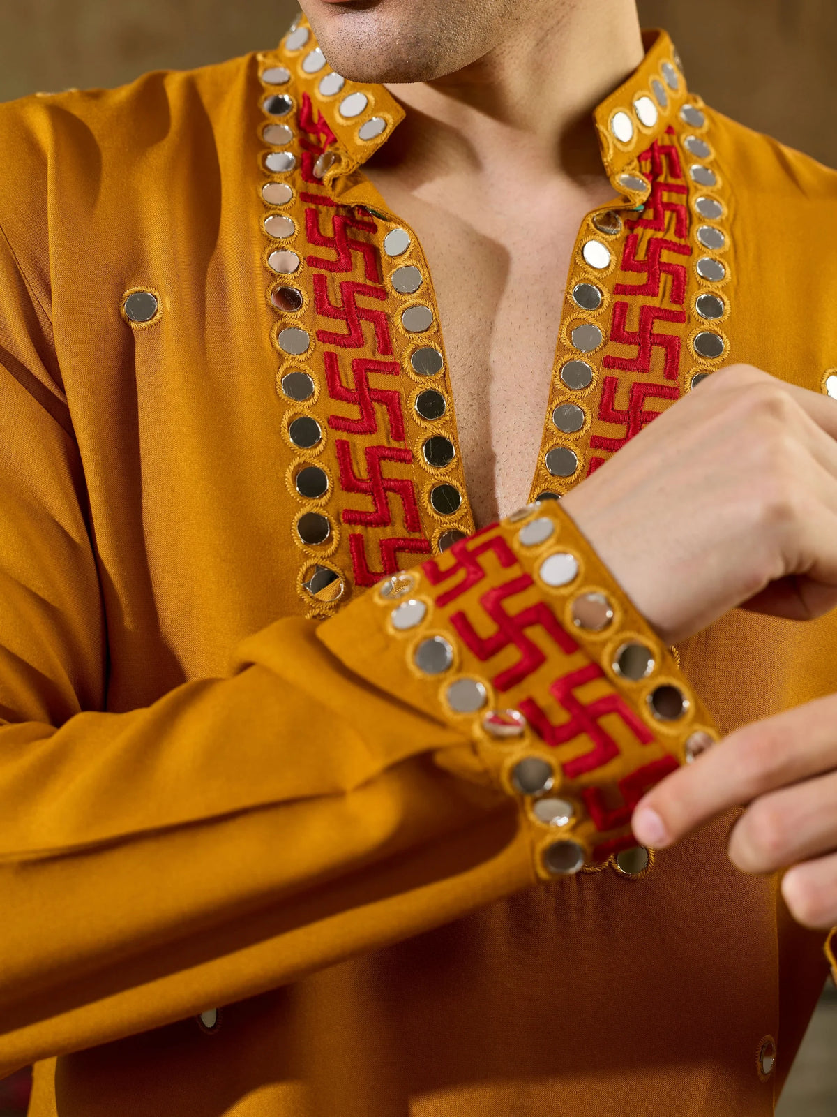 Bewitching Mustard Yellow Sequins Work Rayon Navratri Wear Men’s Kurta