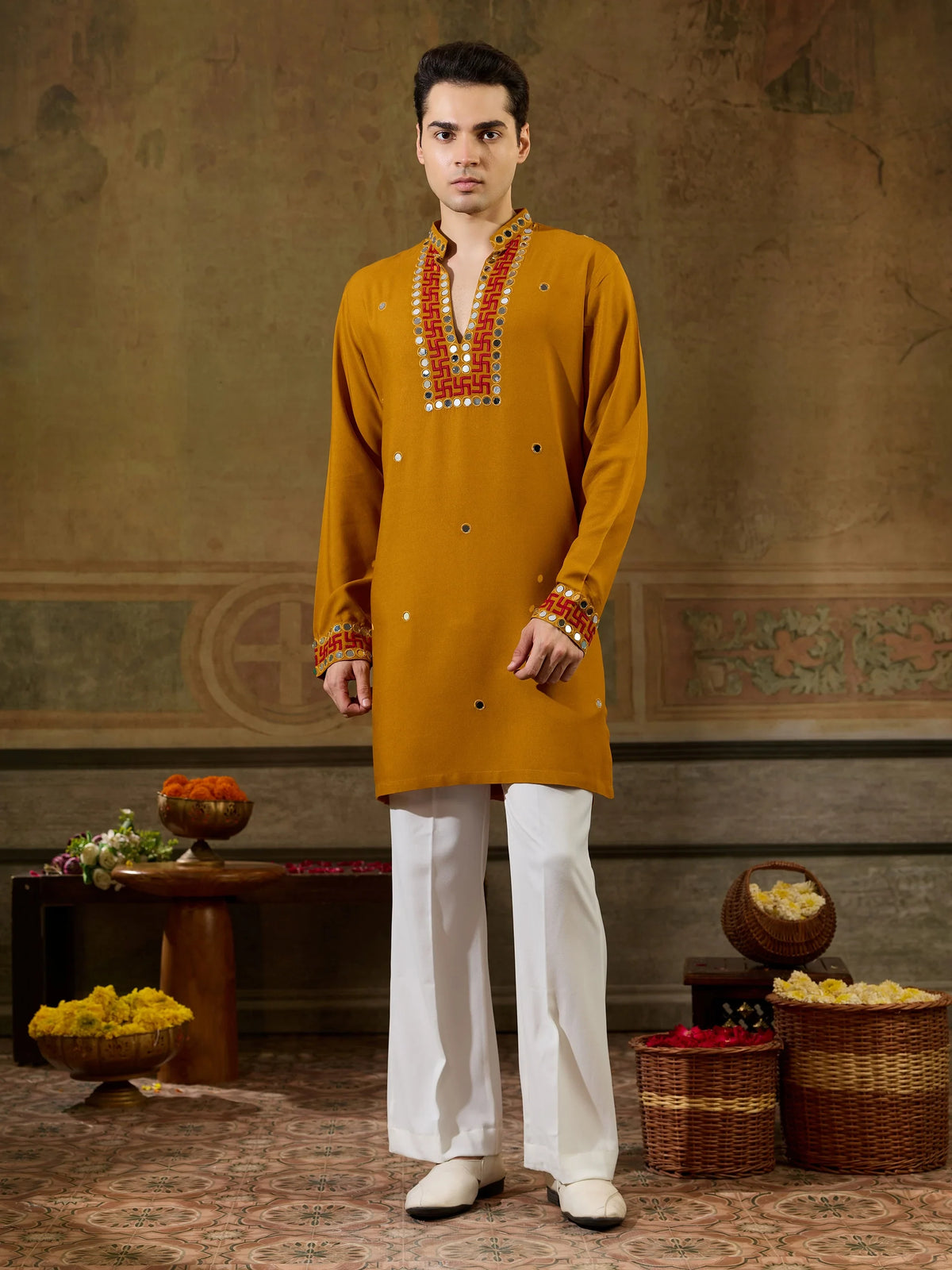 Bewitching Mustard Yellow Sequins Work Rayon Navratri Wear Men’s Kurta