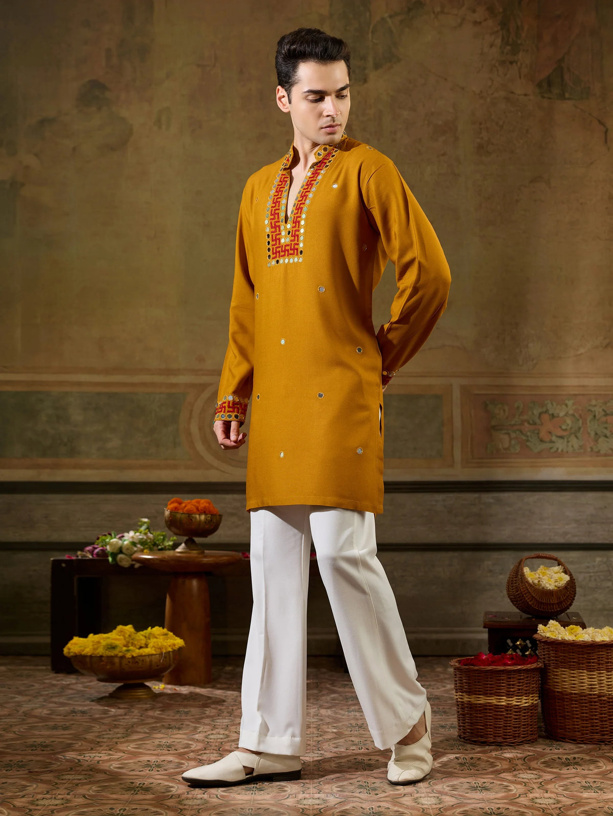 Bewitching Mustard Yellow Sequins Work Rayon Navratri Wear Men’s Kurta