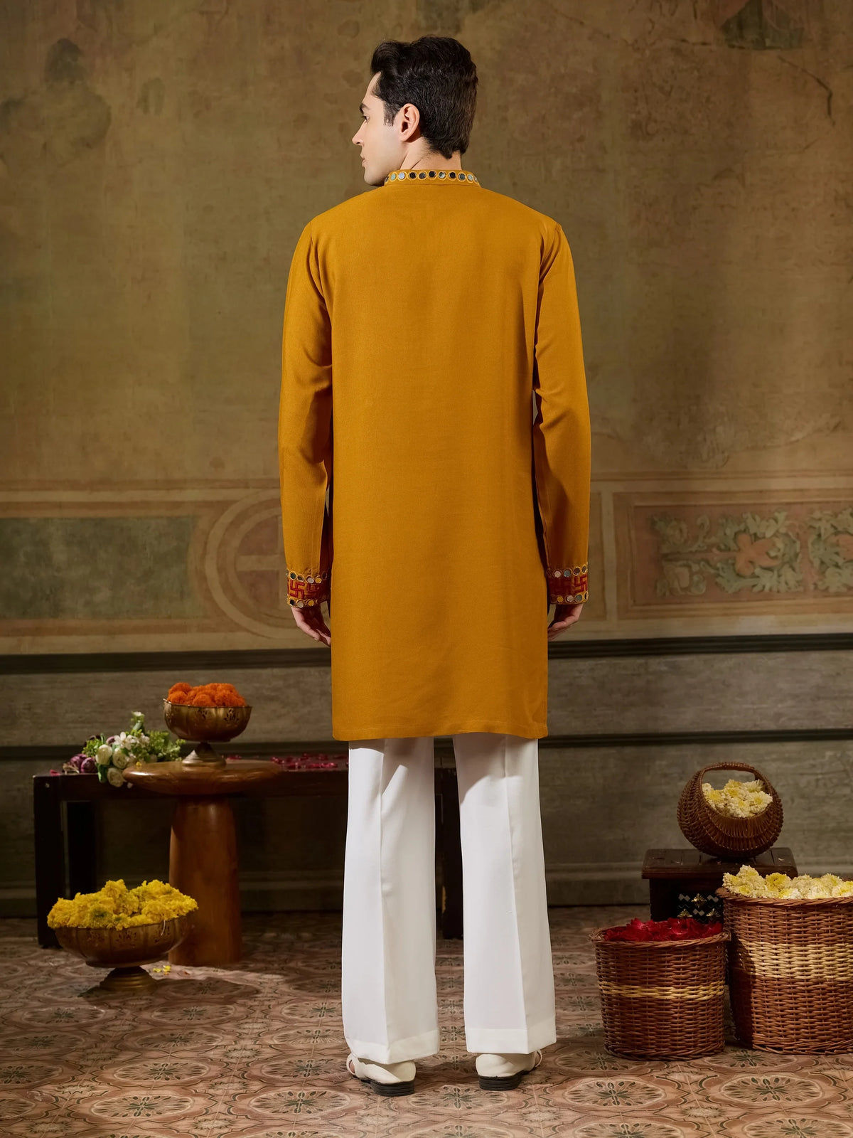 Bewitching Mustard Yellow Sequins Work Rayon Navratri Wear Men’s Kurta