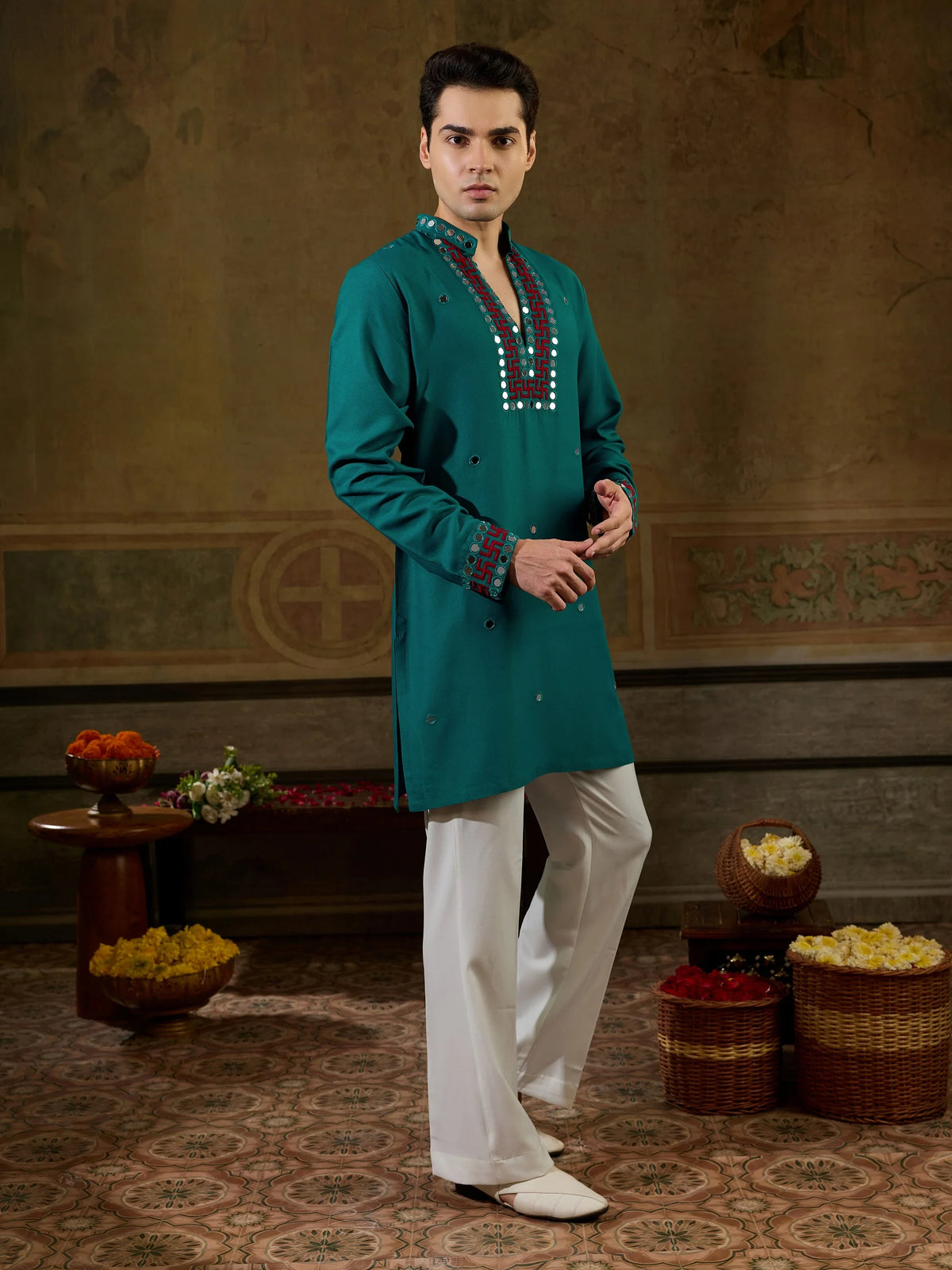 Lovable Teal Green Embroidered Rayon Navratri Wear Men’s Kurta