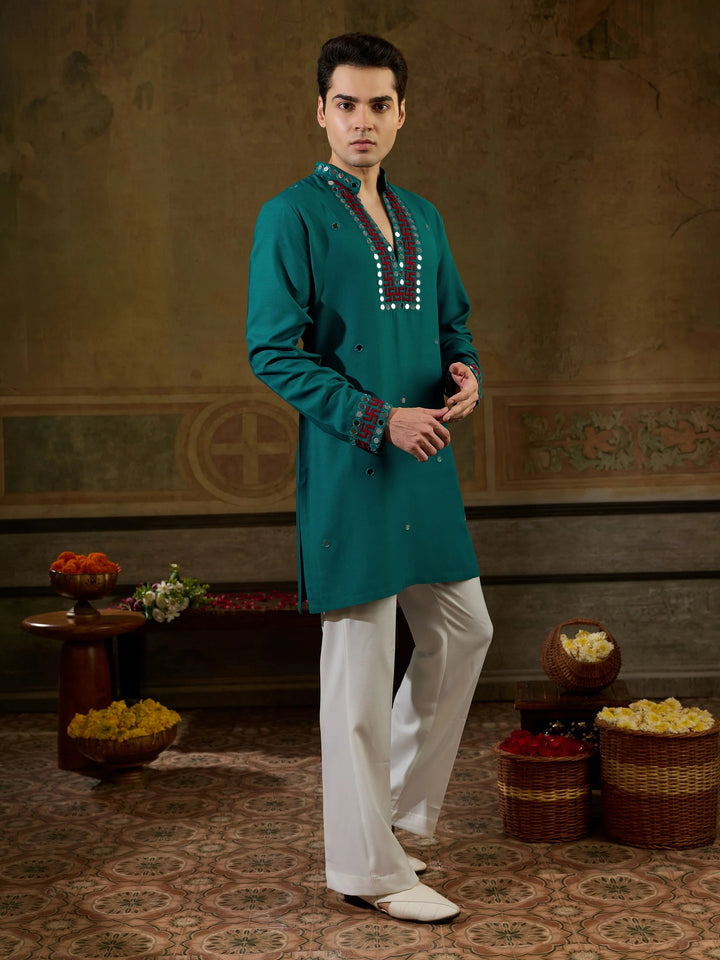Lovable Teal Green Embroidered Rayon Navratri Wear Men’s Kurta