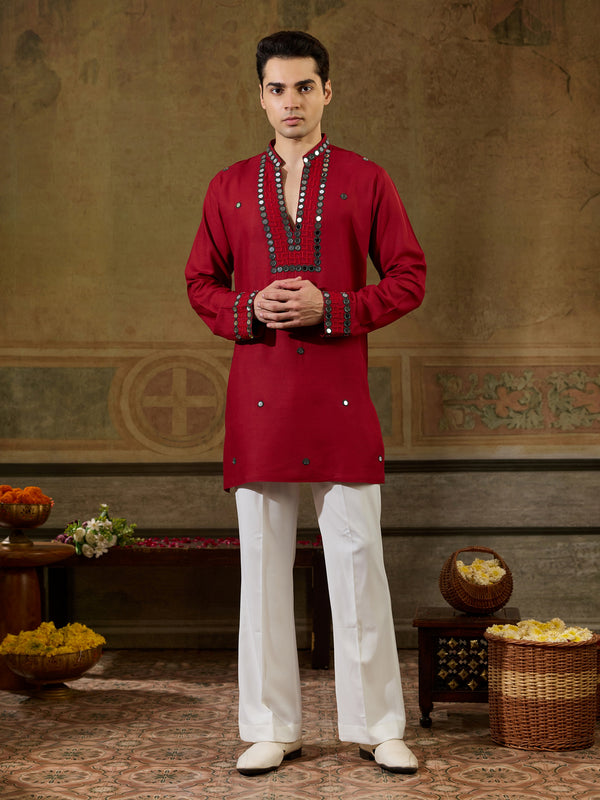 Dashing Red Sequins Work Rayon Navratri Wear Men’s Kurta