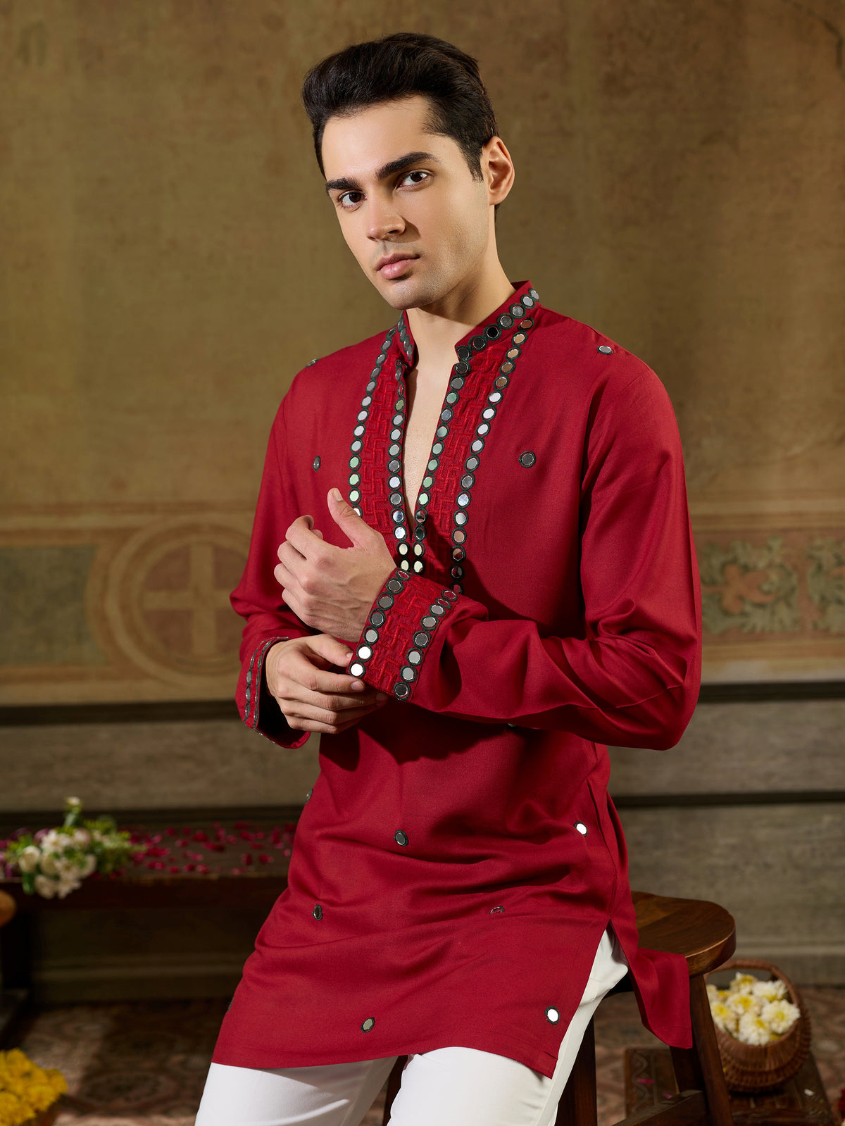 Dashing Red Sequins Work Rayon Navratri Wear Men’s Kurta