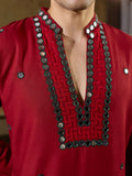 Dashing Red Sequins Work Rayon Navratri Wear Men’s Kurta