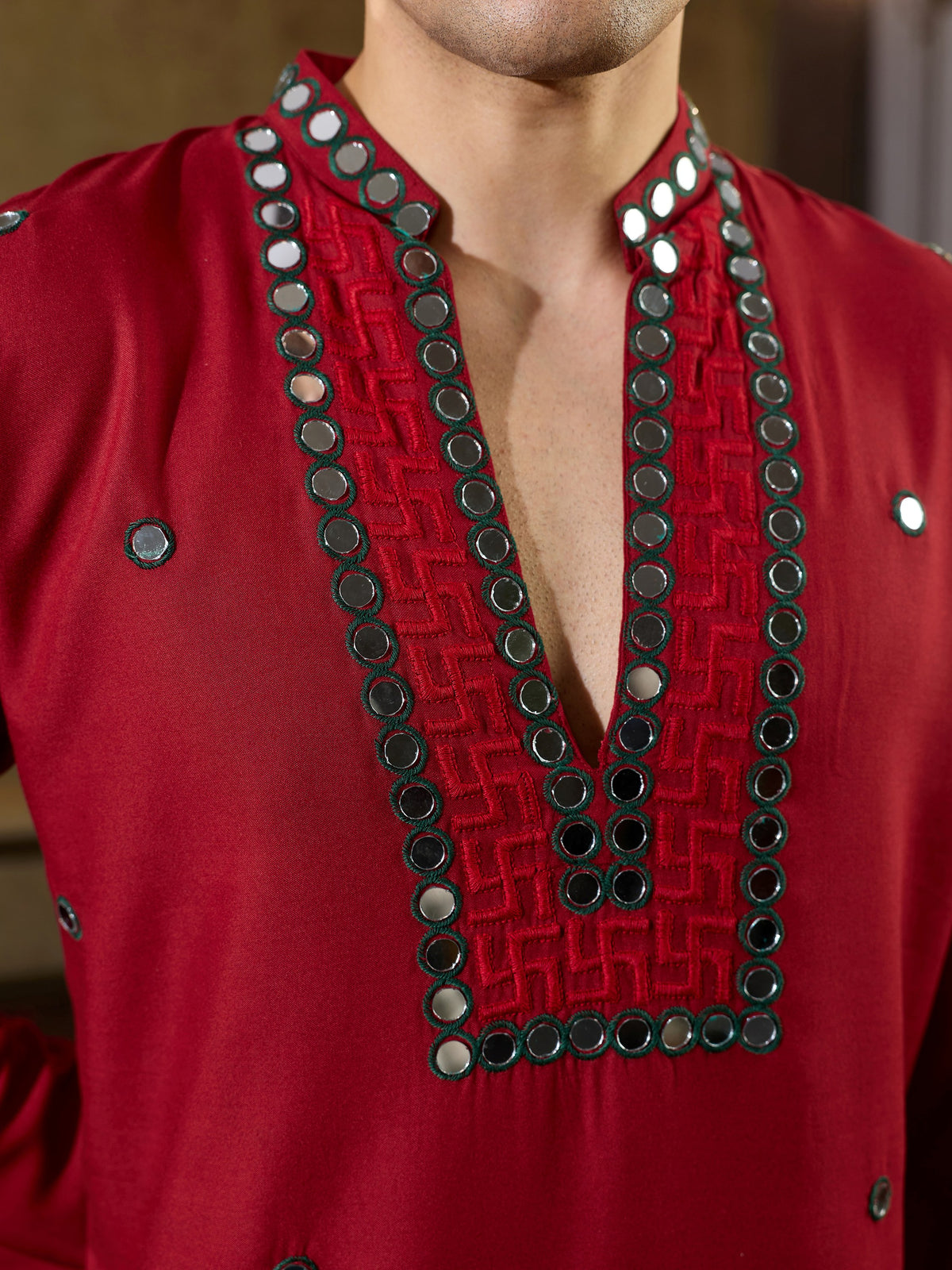 Dashing Red Sequins Work Rayon Navratri Wear Men’s Kurta