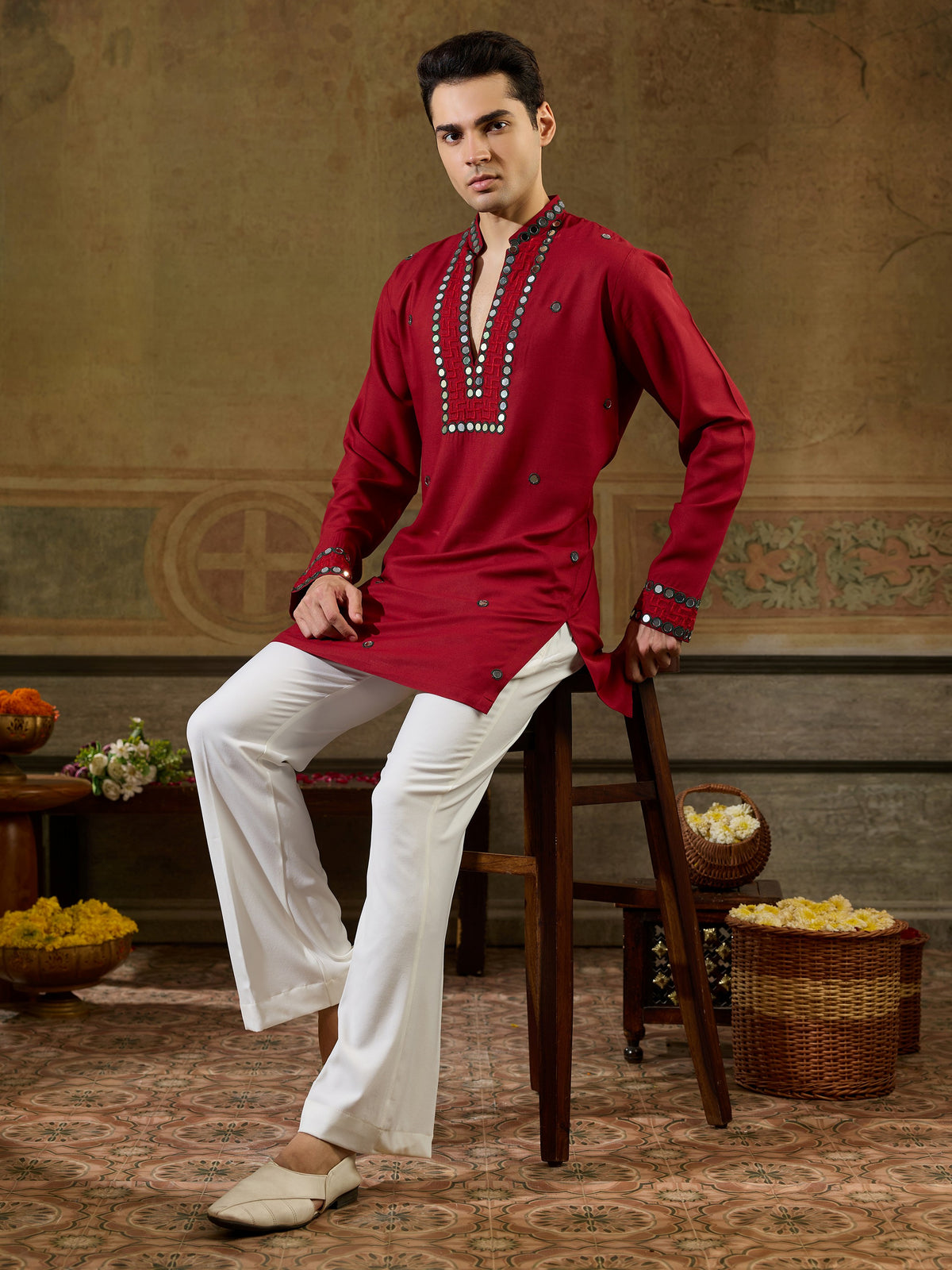 Dashing Red Sequins Work Rayon Navratri Wear Men’s Kurta