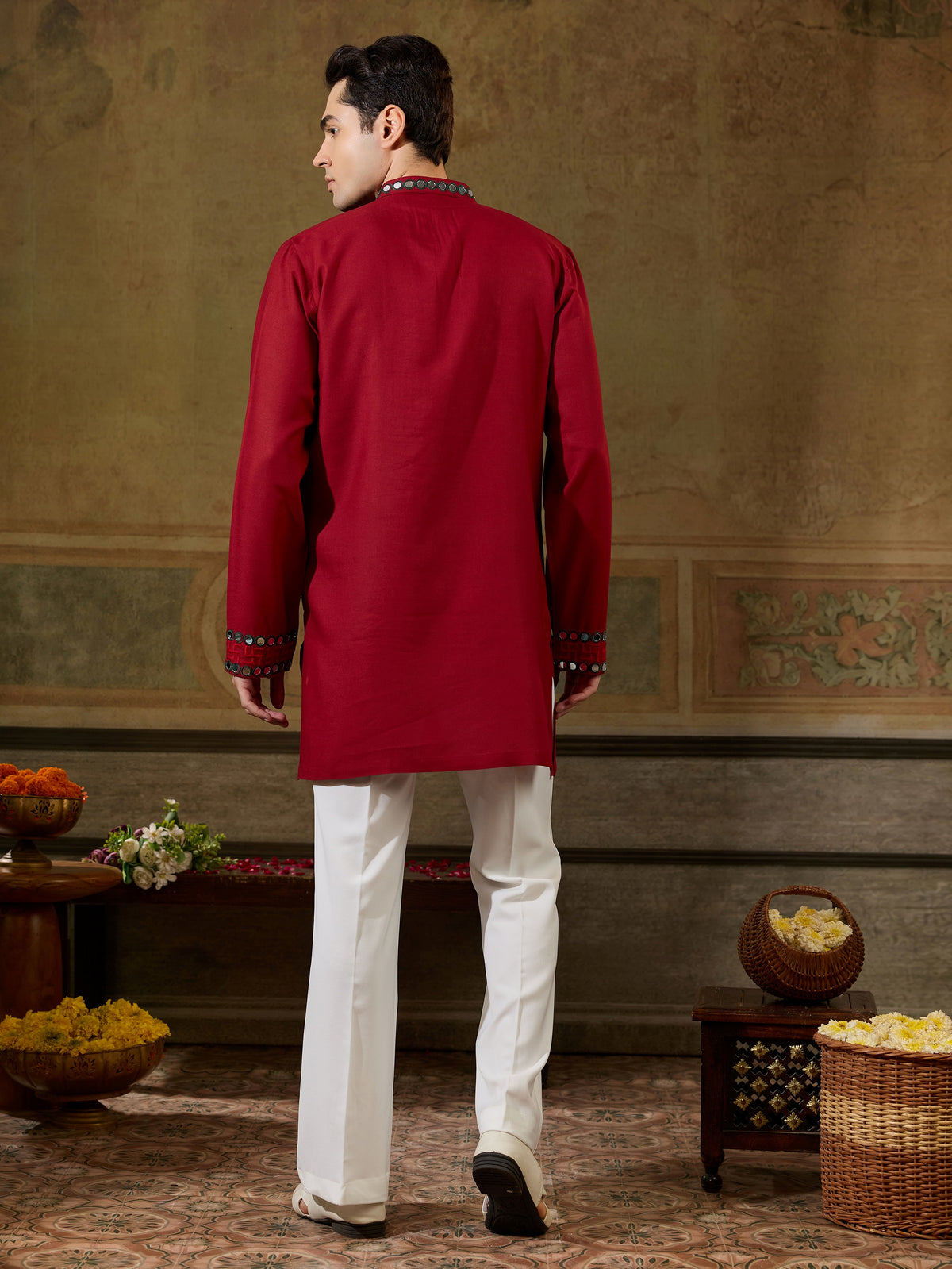 Dashing Red Sequins Work Rayon Navratri Wear Men’s Kurta