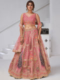 Superior Pink Thread Work Banarasi Silk Reception Wear Lehenga With Blouse