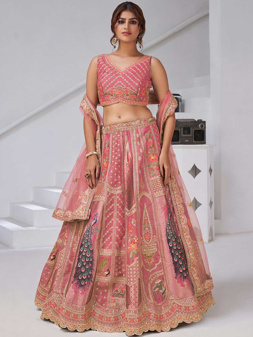 Superior Pink Thread Work Banarasi Silk Reception Wear Lehenga With Blouse