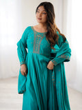 Grand Sky Blue Bead Embroidery Sequins Silk Evening Wear Anarkali Gown With Dupatta