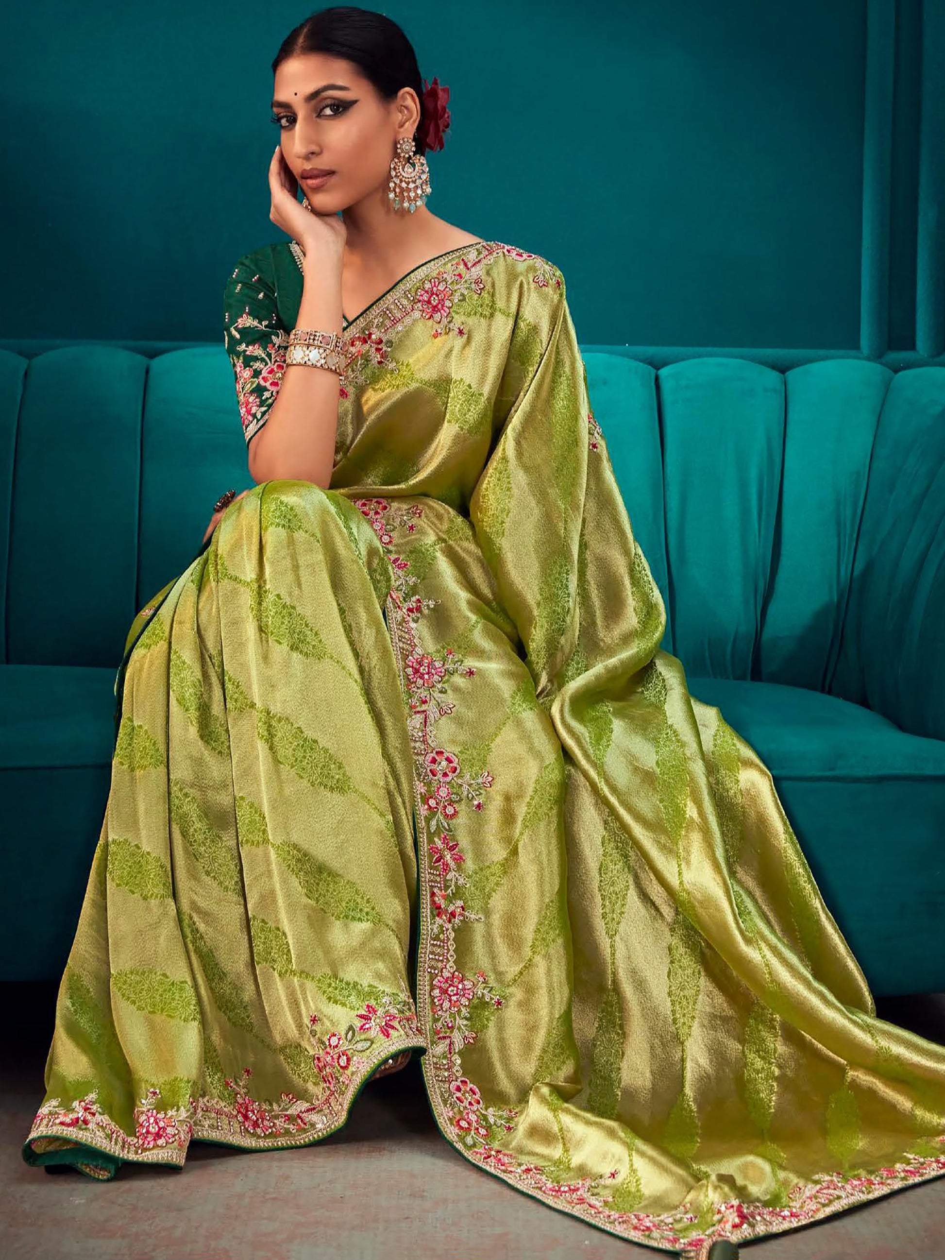 Superb Green Embroidered Kanjivaram Silk Events Wear Saree With Blouse