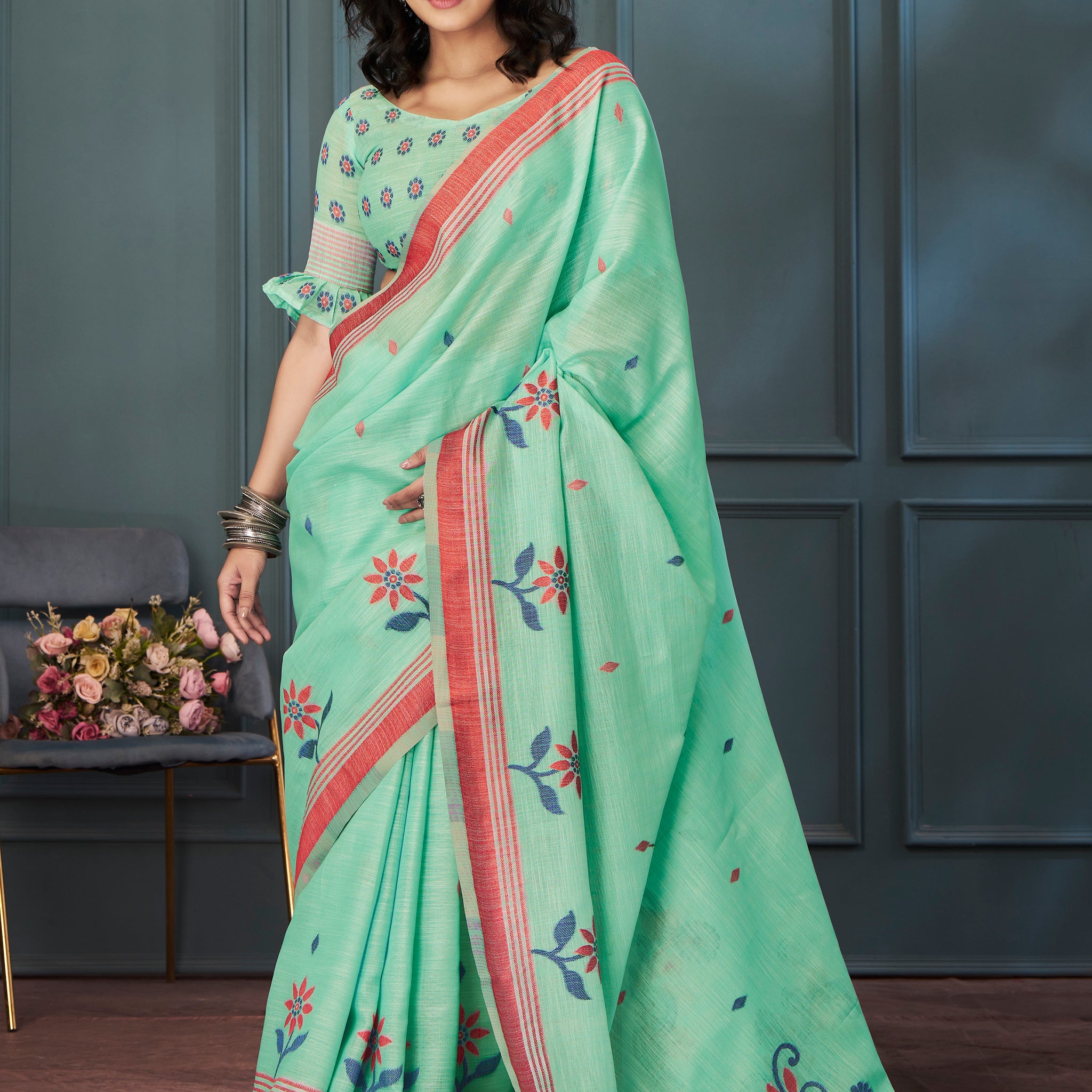 Delightful Sea Green Weaving Linen Festival Wear Saree With Blouse