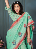 Delightful Sea Green Weaving Linen Festival Wear Saree With Blouse