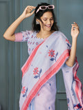 Attractive Sky Blue Weaving Linen Casual Wear Saree With Blouse