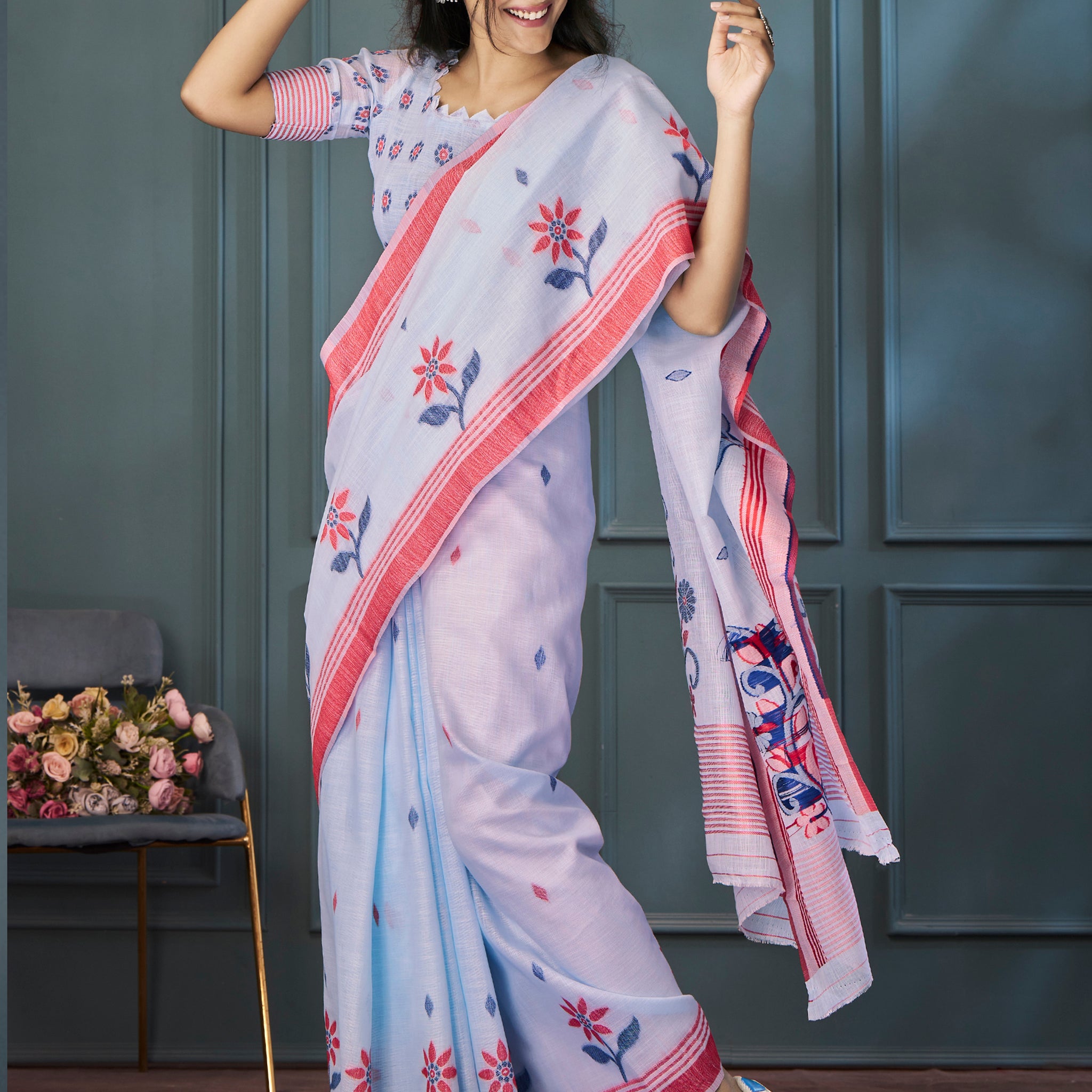 Attractive Sky Blue Weaving Linen Casual Wear Saree With Blouse