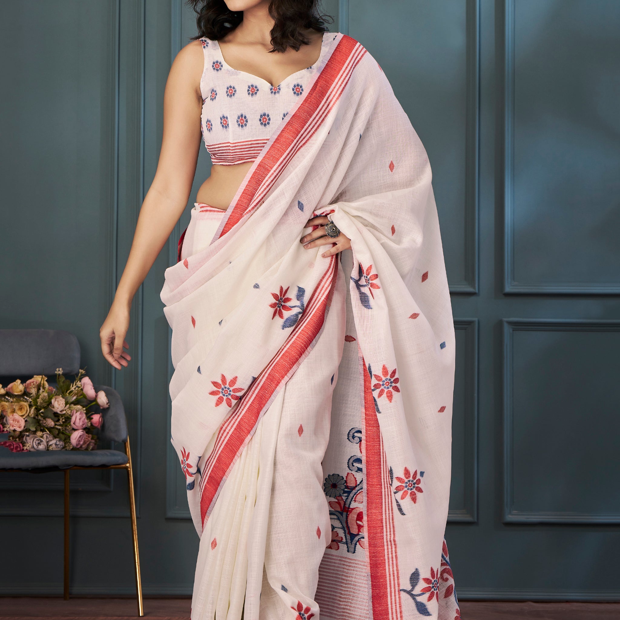 Adorable Off-White Weaving Linen Traditional Saree With Blouse