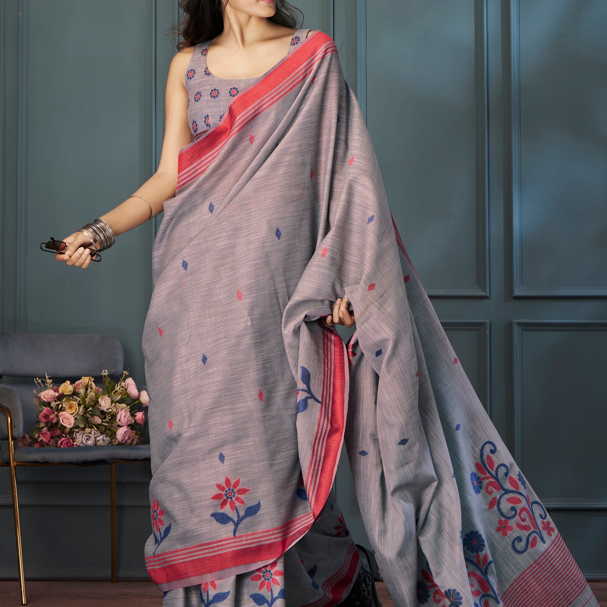 Attractive Grey Weaving Linen Festival Wear Saree With Blouse