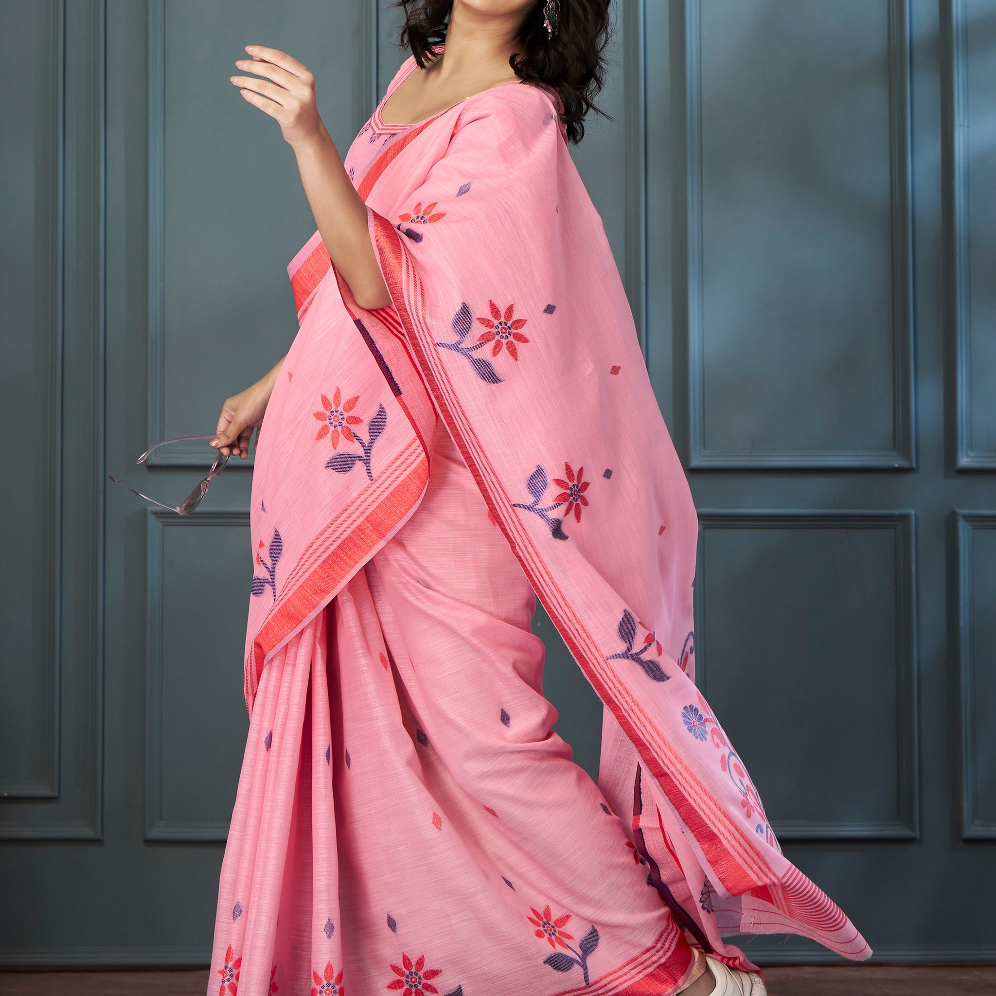 Glamorous Pink Weaving Linen Event Wear Saree With Blouse
