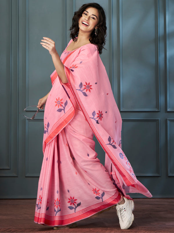 Glamorous Pink Weaving Linen Event Wear Saree With Blouse