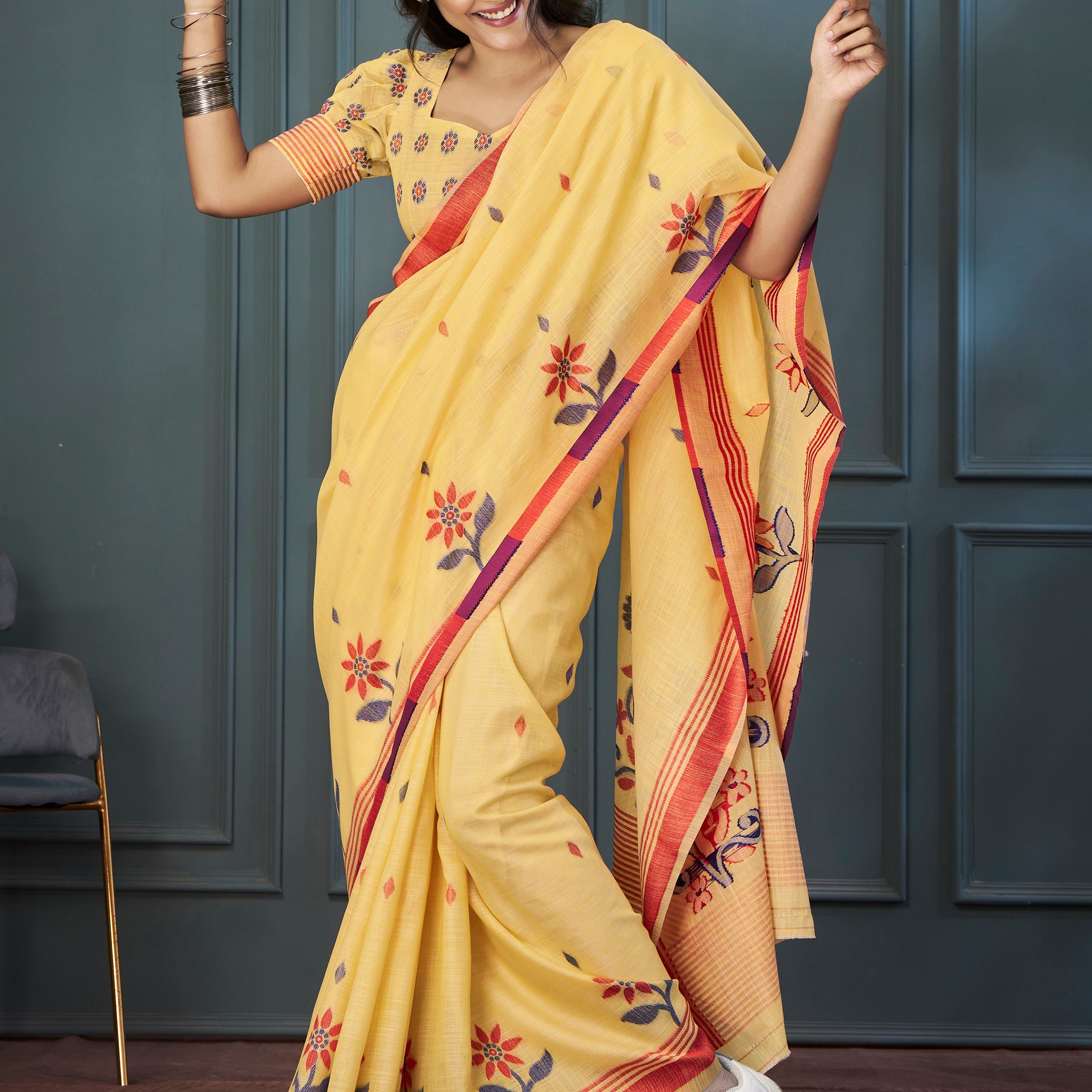 Marvelous Yellow Floral Printed Linen Event Wear Saree With Blouse
