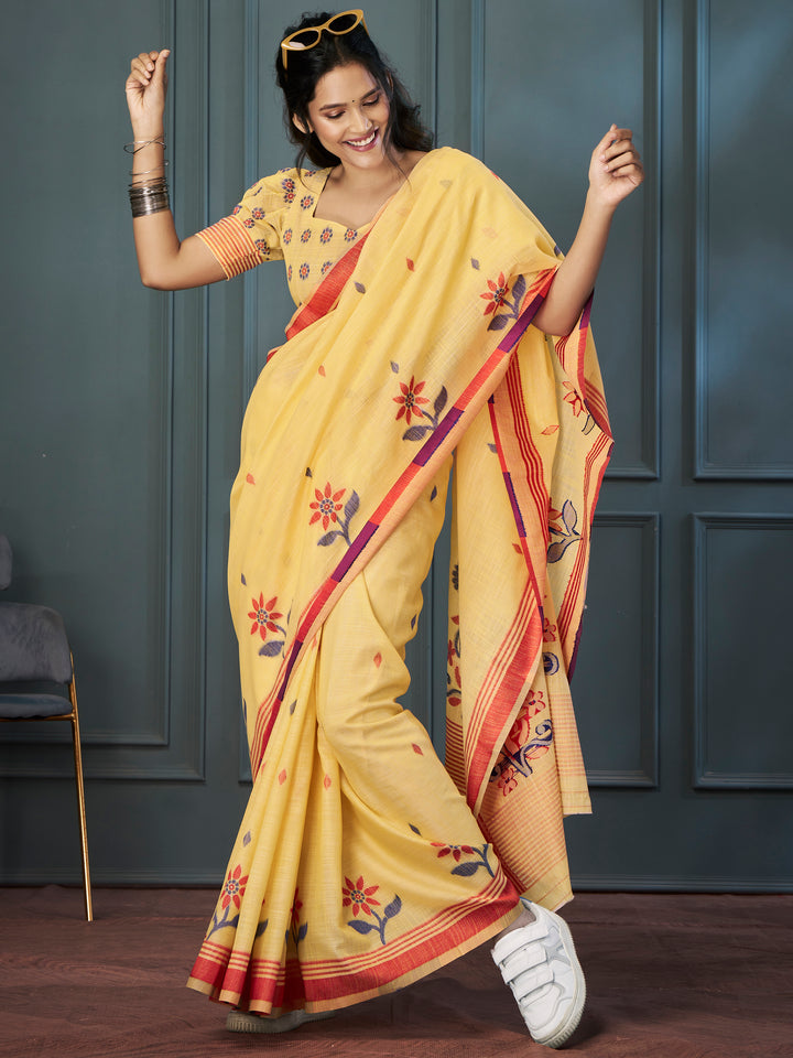 Marvelous Yellow Floral Printed Linen Event Wear Saree With Blouse