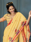 Marvelous Yellow Floral Printed Linen Event Wear Saree With Blouse