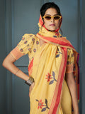 Marvelous Yellow Floral Printed Linen Event Wear Saree With Blouse