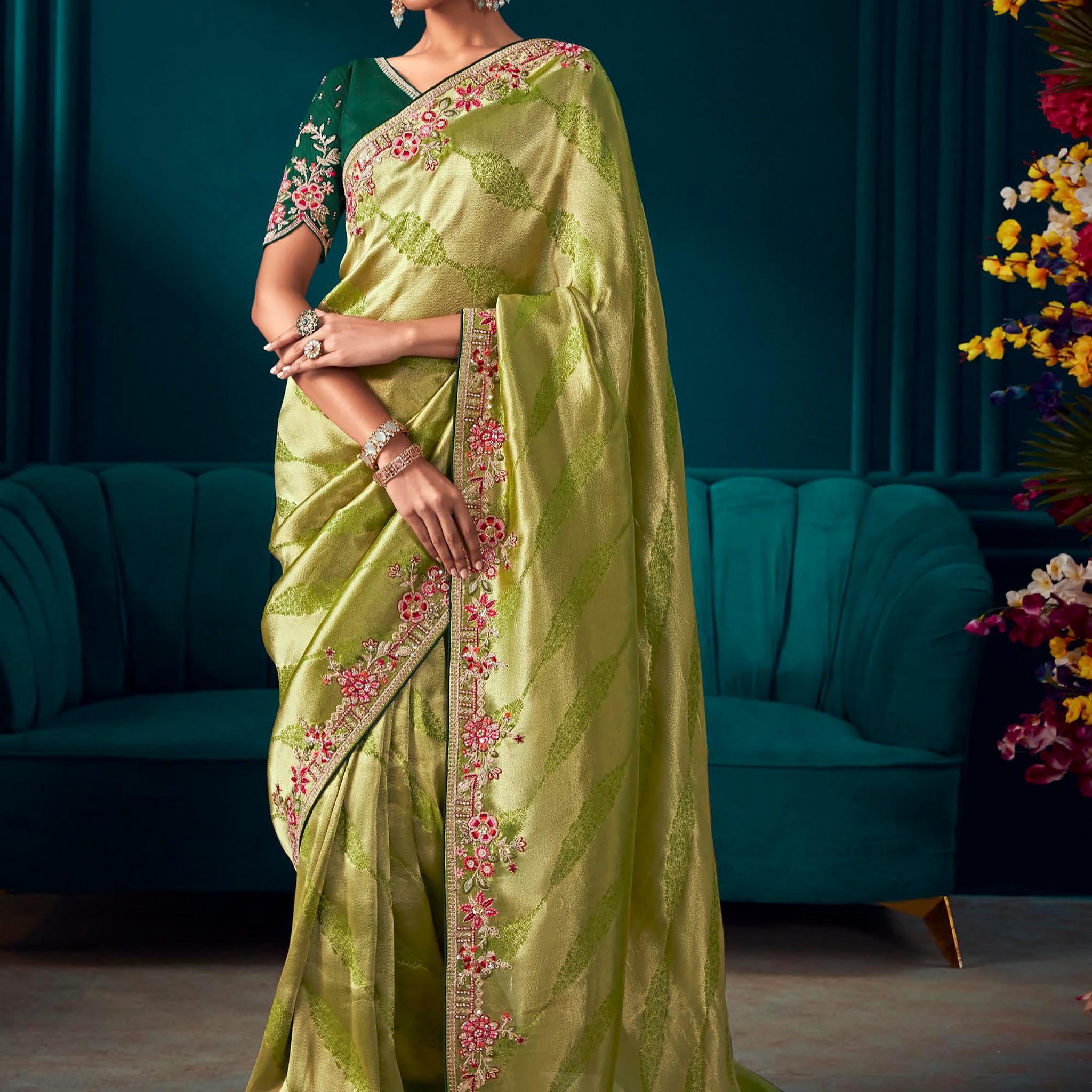Superb Green Embroidered Kanjivaram Silk Events Wear Saree With Blouse