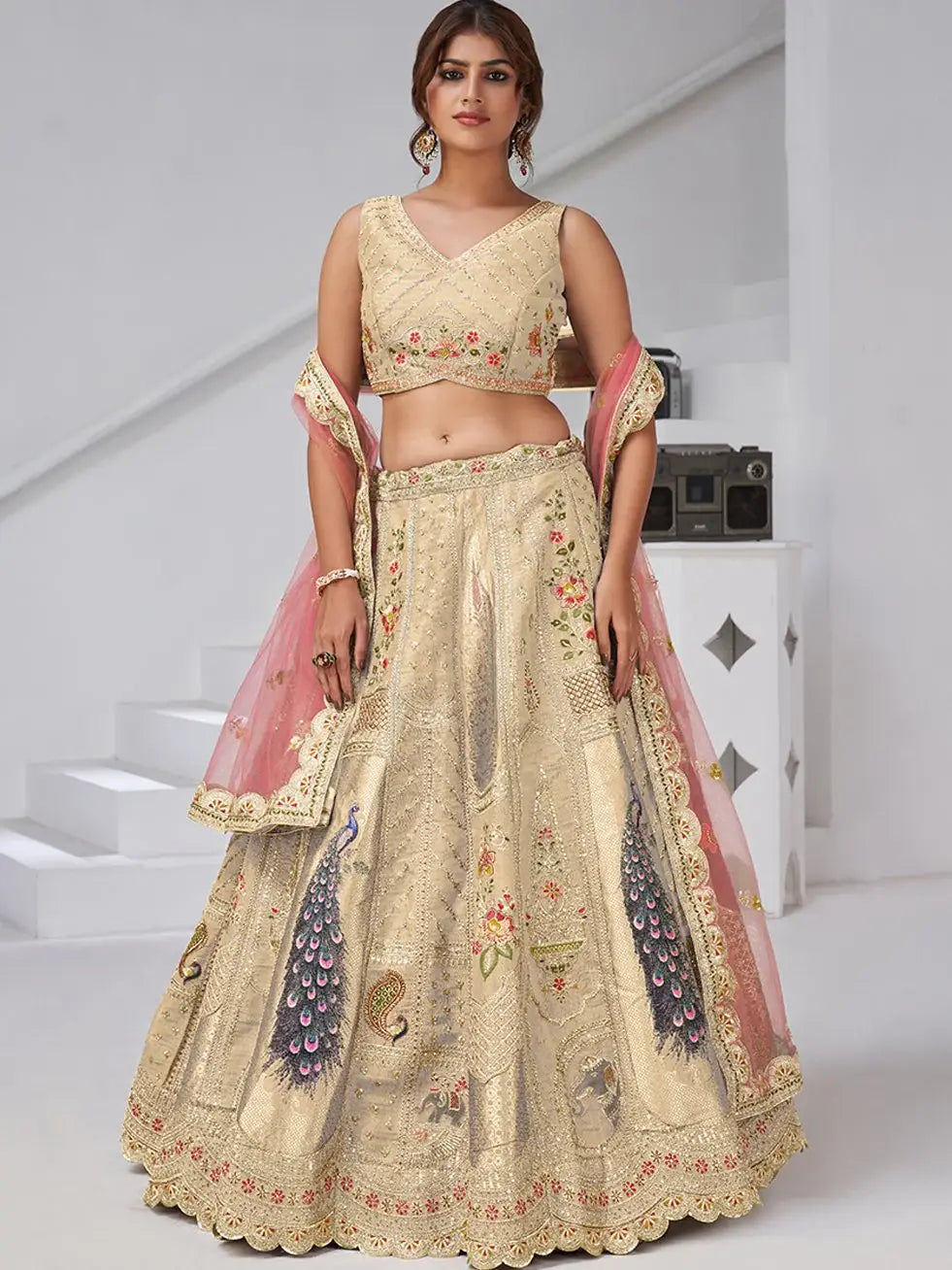 Majestic Beige Sequins Embroidery Banarasi Silk Lehenga Choli With Dupatta