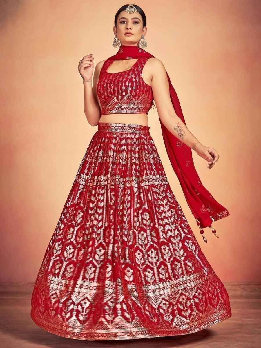 Beautiful Red Sequins Georgette Wedding Wear Lehenga Choli With Dupatta