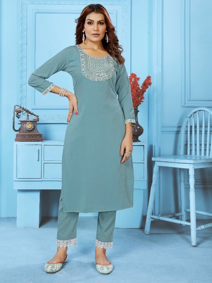 Charming Dusty Blue Thread Work Rinkal Cotton Casual Wear Pant Suit