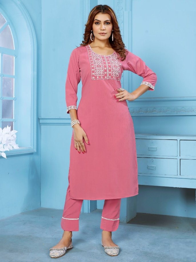 Elegant Dusty Pink Embroidered Rinkal Cotton Summer Wear Pant Suit