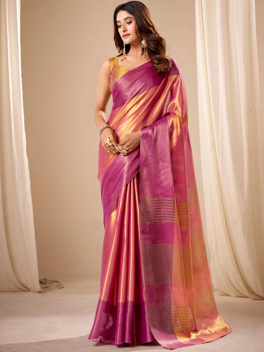 Bewitching Pink Zari Weaving Tissue Function Wear Saree With Blouse