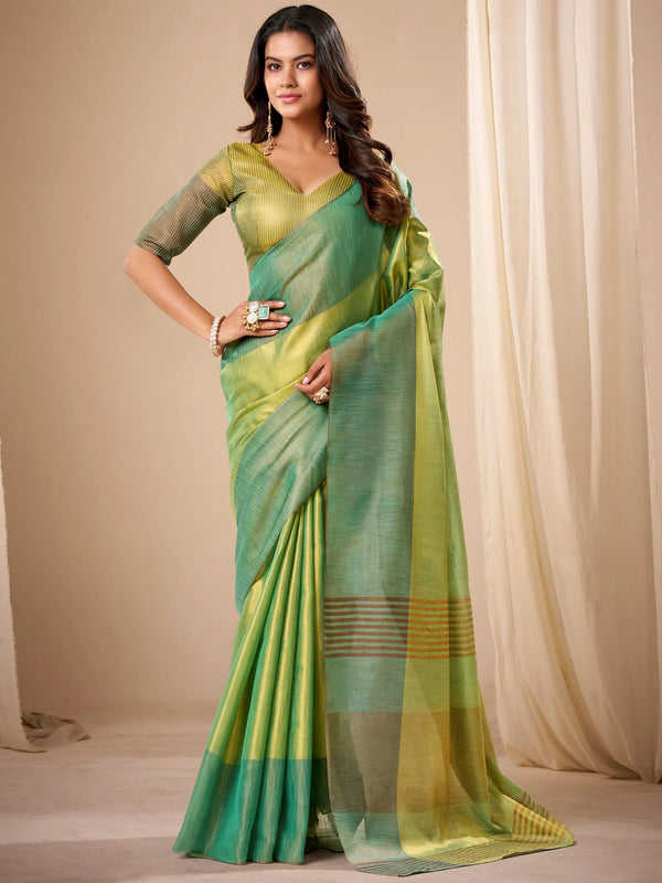 Sophisticated Green Zari Weaving Tissue Evening Wear Saree With Blouse