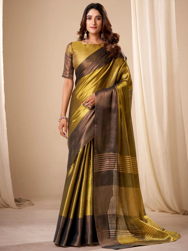 Mesmerizing Green Zari Weaving Tissue Traditional Saree With Blouse