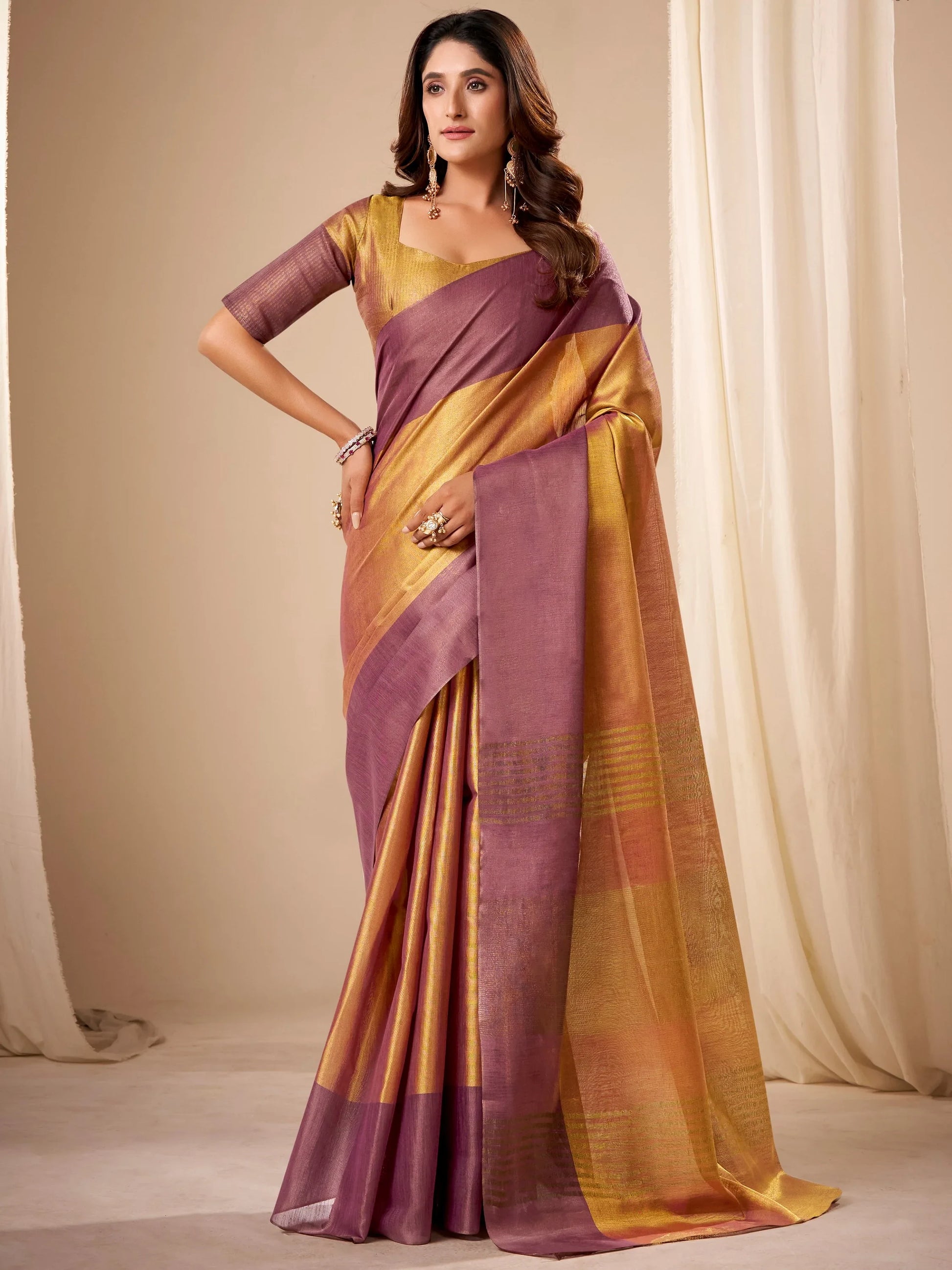 Stylish Purple Zari Weaving Tissue Wedding Wear Saree With Blouse