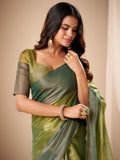 Awesome Olive Green Zari Weaving Tissue Mehendi Wear Saree With Blouse