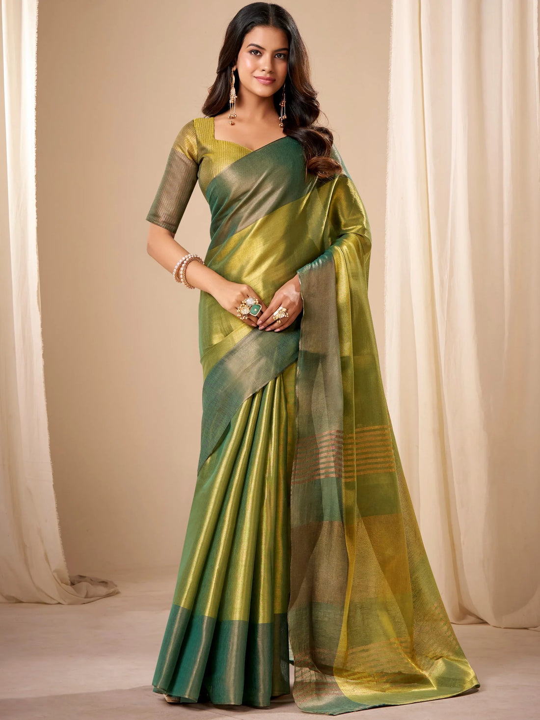 Awesome Olive Green Zari Weaving Tissue Mehendi Wear Saree With Blouse