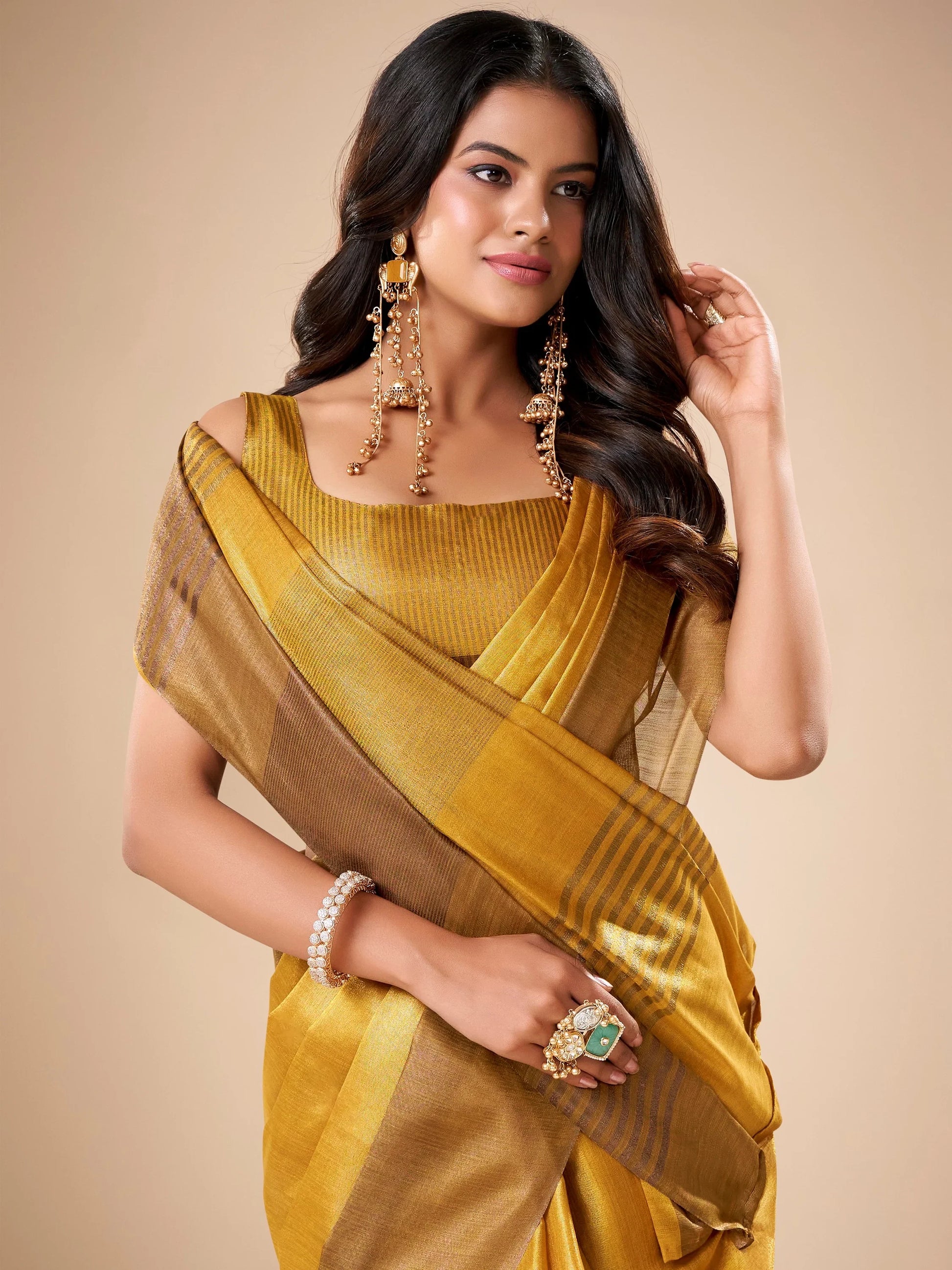 Spectacular Yellow Zari Weaving Tissue Haldi Wear Saree With Blouse