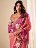 Pretty Pink Zari Weaving Tissue Engagement Wear Saree With Blouse