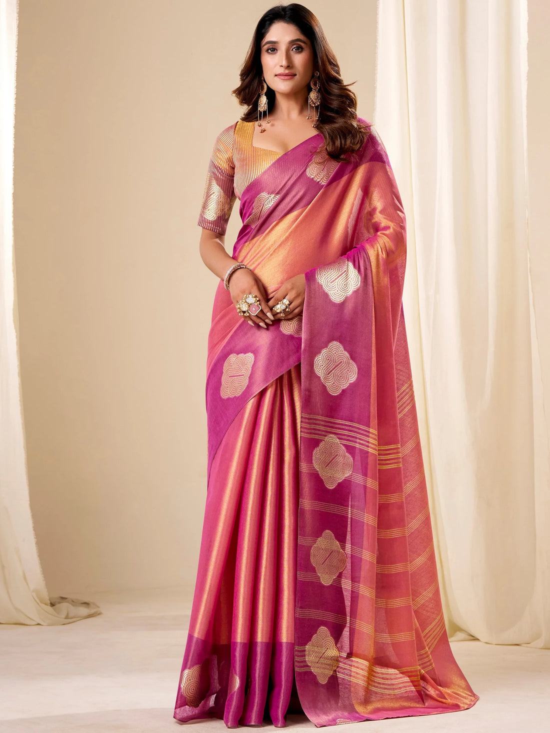 Pretty Pink Zari Weaving Tissue Engagement Wear Saree With Blouse
