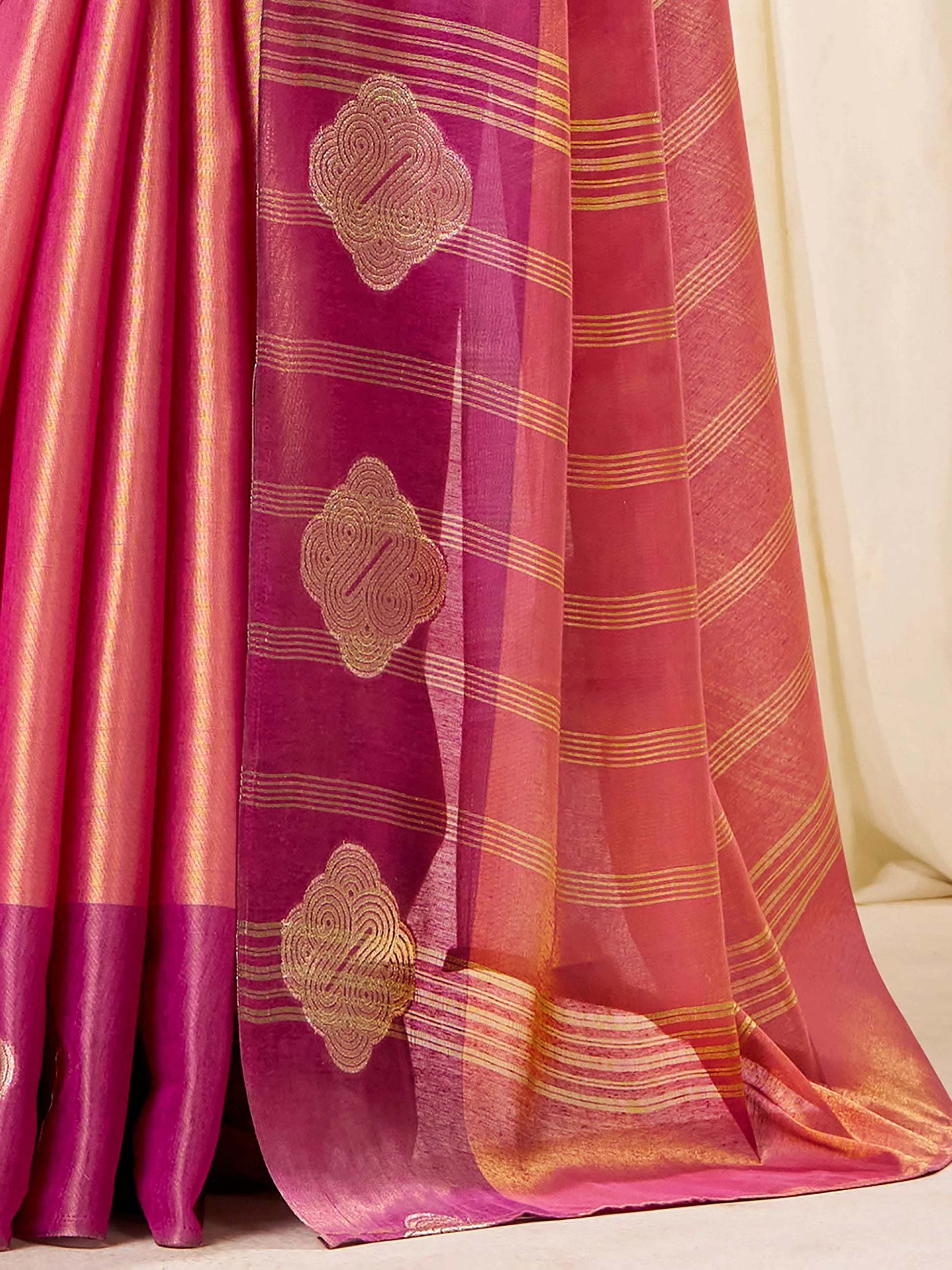 Pretty Pink Zari Weaving Tissue Engagement Wear Saree With Blouse