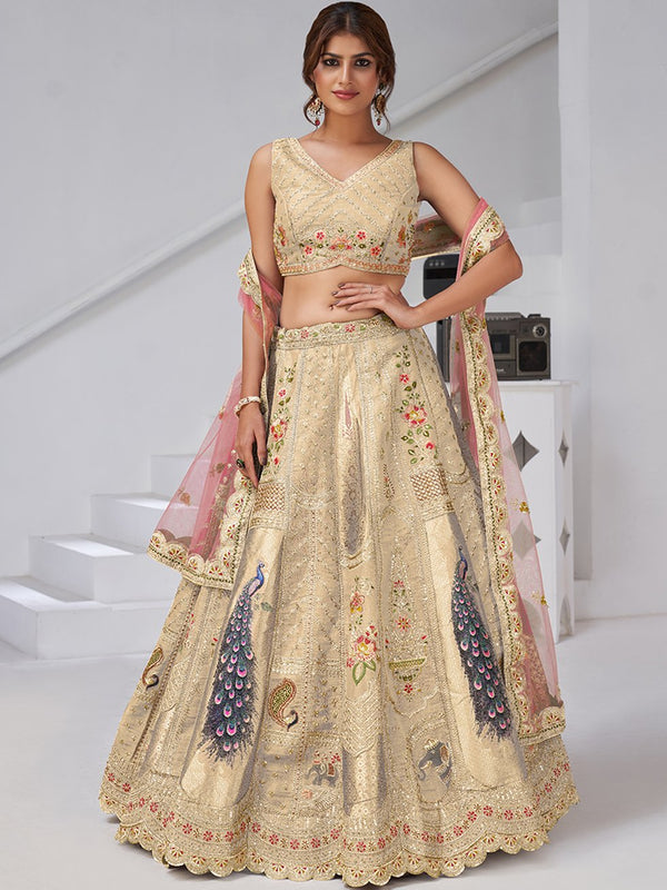 Majestic Beige Sequins Embroidery Banarasi Silk Lehenga Choli With Dupatta