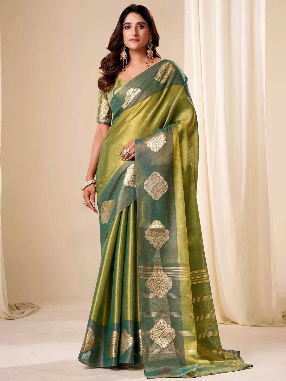 Marvelous Green Zari Weaving Tissue Event Wear Saree With Blouse