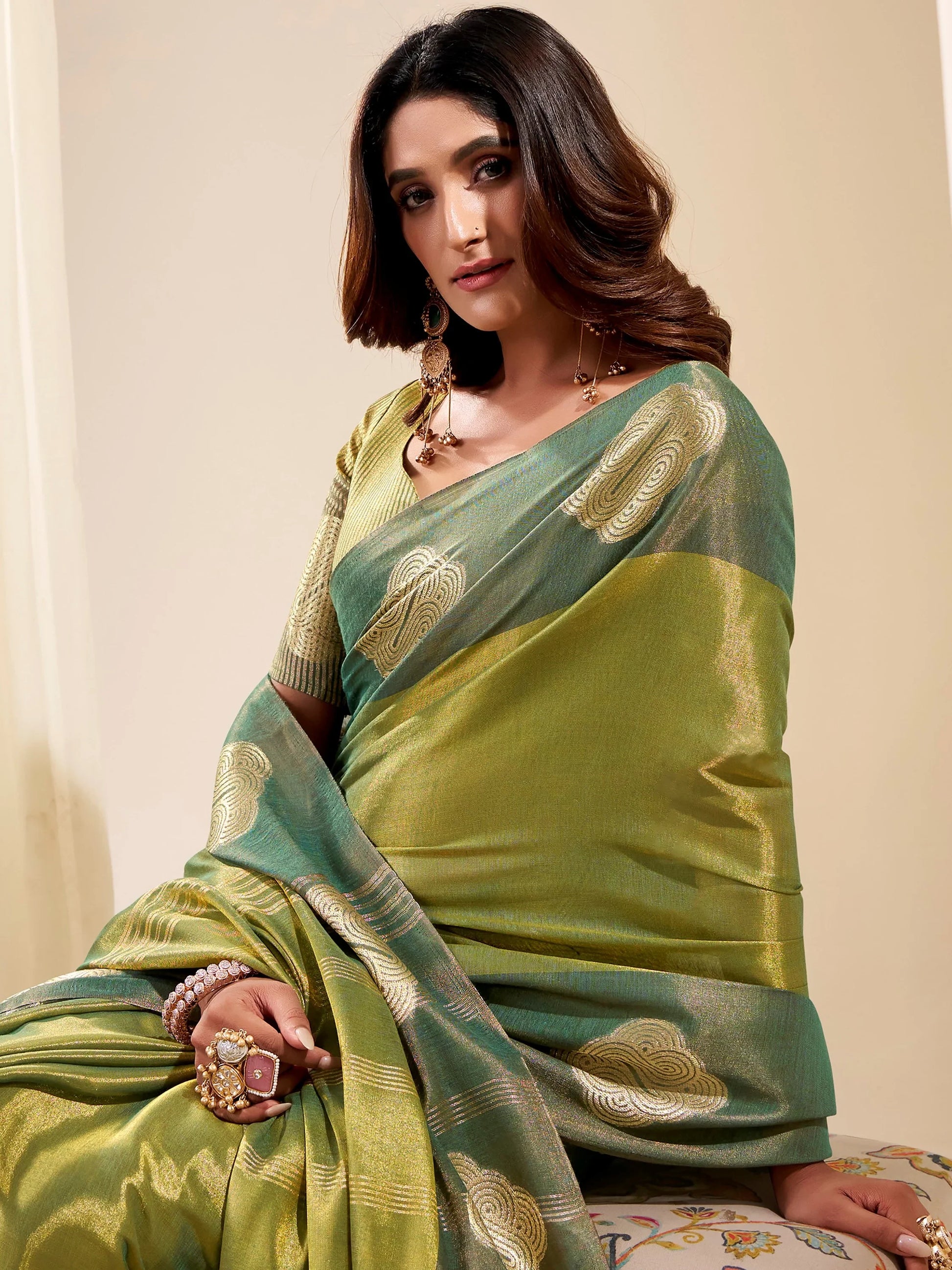Marvelous Green Zari Weaving Tissue Event Wear Saree With Blouse