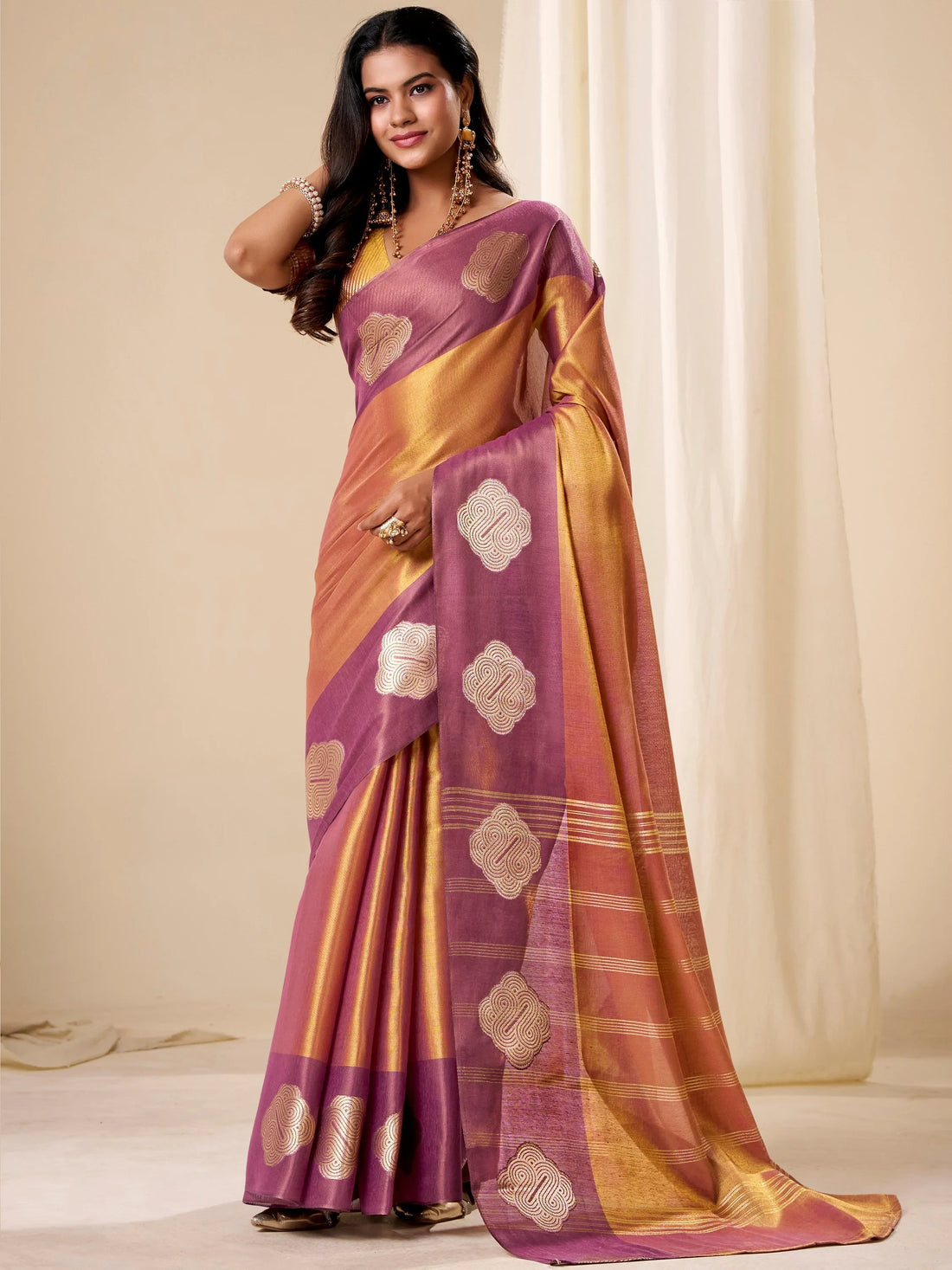 Sparkling Golden Zari Weaving Tissue Reception Wear Saree With Blouse