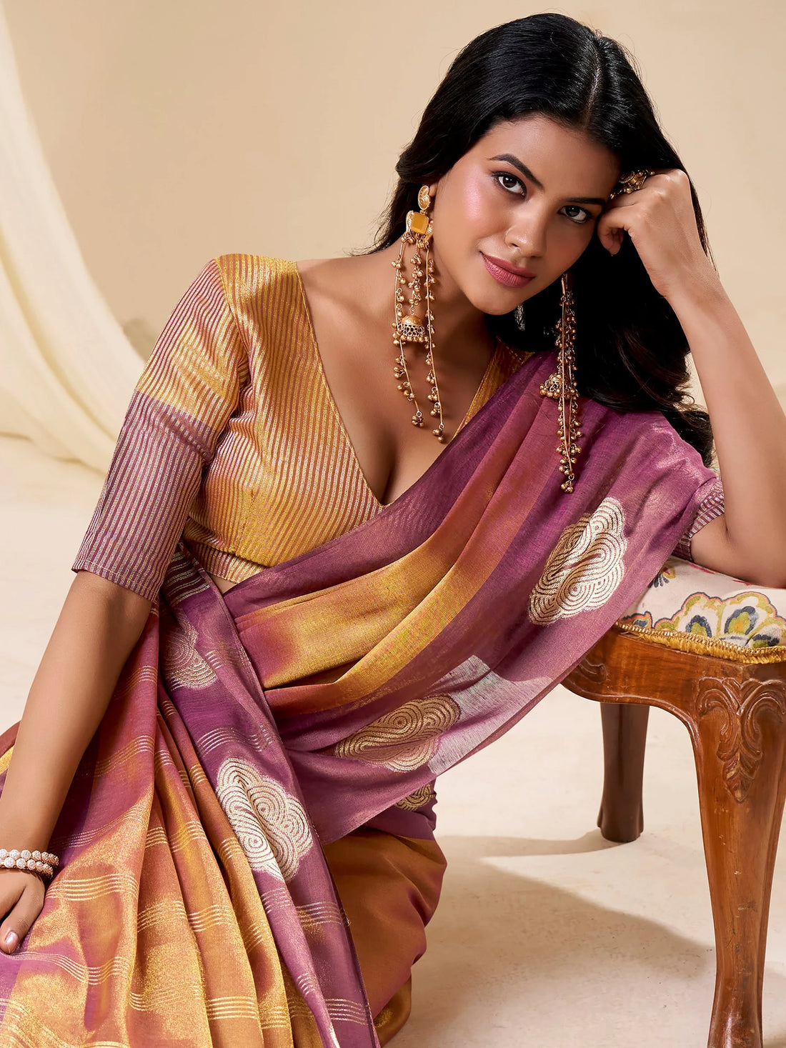 Sparkling Golden Zari Weaving Tissue Reception Wear Saree With Blouse