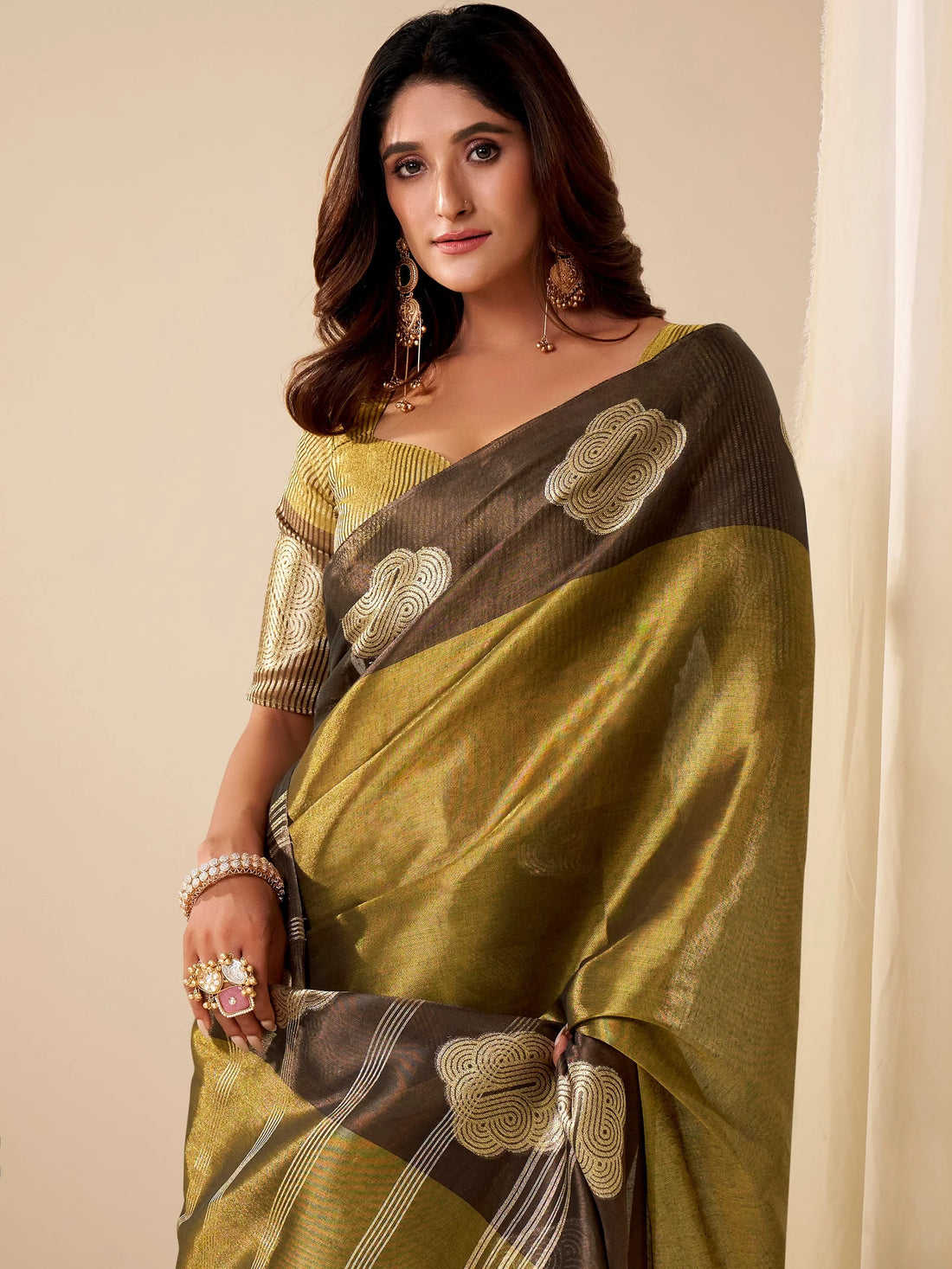 Splendid Olive Green Zari Weaving Tissue Evening Wear Saree With Blouse